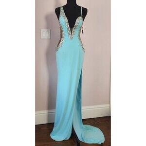 NWT-ONE OF A KIND Jovani Couture Gown-Unreleased-Aqua Crystal Slit Dress-Size 4
